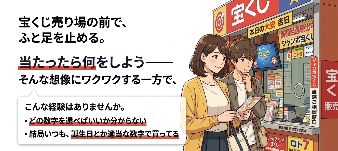 宝くじ売り場の前で、ふと足を止める。当たったら何をしよう——そんな想像にワクワクする一方で、こんな経験はありませんか。どの数字を選べばいいか分からない。結局いつも誕生日とか適当な数字で買ってる。でも、分析してみると見えてくる。